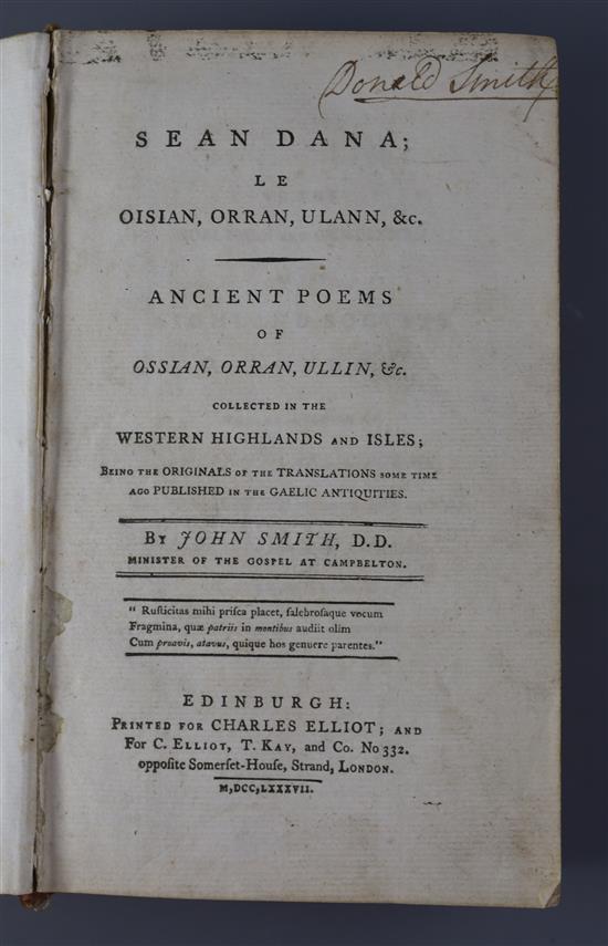 Smith, John D.D. (Minister of the Gospel at Campbelton) - Sean Dana Le Oisan, Orran, or Ancient Poems of Ossian, 8vo, calf, covers deta